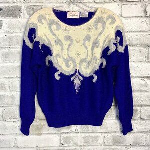 Vintage 80s Jaclyn Smith Blue Silver Metallic Beaded Embellished Sweater